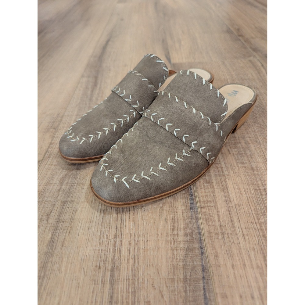 Mi.iM Womens 7.5 Mule Loafers Taupe Faux Suede Whipstitch Western Boho Shoes